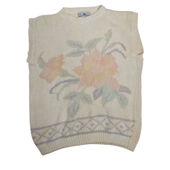Vintage Sweaters - VINTAGE‎ 80s floral intarsia pastel cottagecore soft girl sweater vest M